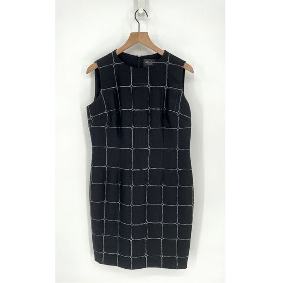 St John Couture Window Pane Sleeveless Sheath Dress Wool Blend Black Women's 10 - Picture 1 of 6